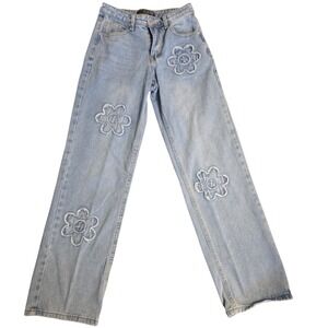 Cali 1850 Women Mid Rise Wide Leg Flower Light Blue Denim‎ Jeans 24x29